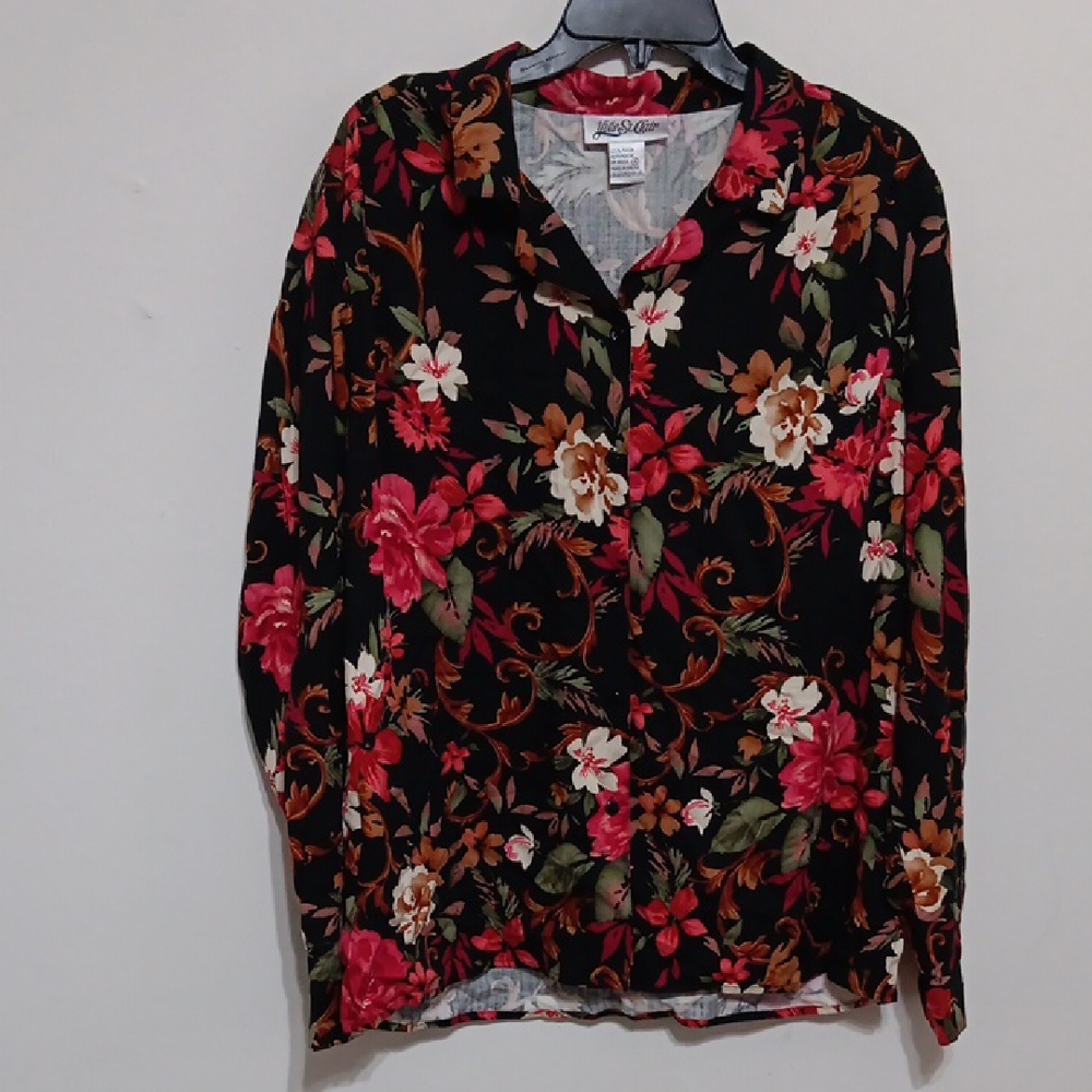 Black Floral Long Sleeve Padded Shoulders Blouse